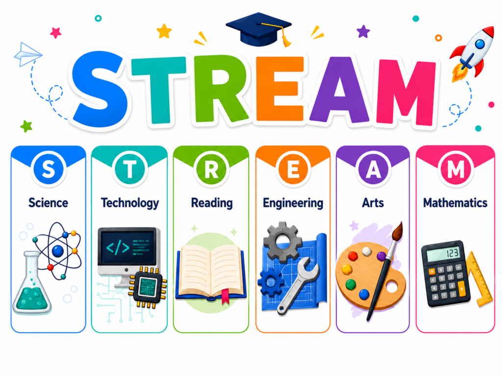 Colorful STREAM education infographic showing Science, Technology, Reading, Engineering, Arts, and Mathematics with matching subject icons.