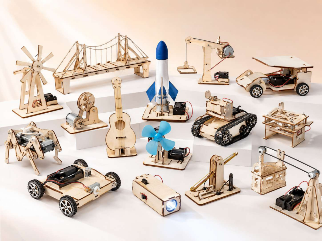 A collection of hands-on STEM learning kit projects, including wooden models of a rocket, bridge, fan, vehicle, crane, windmill, pulley system, and other engineering builds arranged in a clean studio setting.