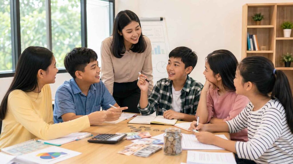 Indonesian children learning financial literacy and soft skills in a classroom, working together with a facilitator using money, coins, worksheets, notebooks, and a calculator.